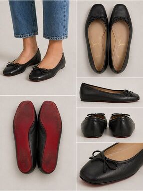 Christian Louboutin Ballerina Flats Black Leather Red Sole Bow Square Toe 34.5